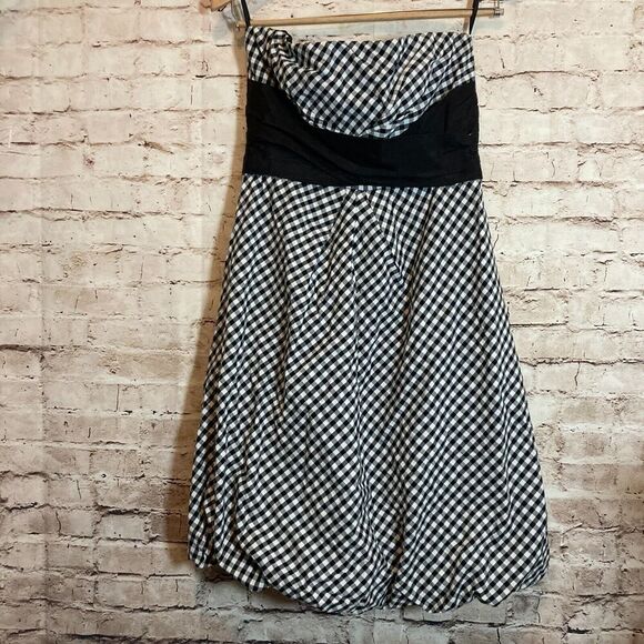 Donna Ricco NY Dress Womens 10 Strapless Bubble Hem Black Gingham Plaid Bow Tie - Picture 1 of 15